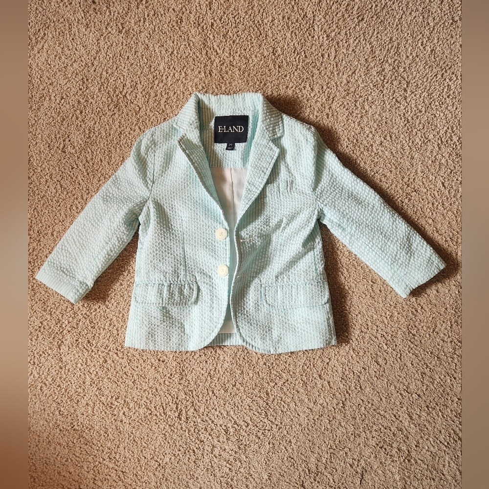 E-Land Mint Green And White Seersucker Toddler Blazer